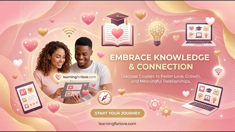 Learning for Love LearnDash course platform: couple learning together on a tablet under the headline Embrace Knowledge and Connection